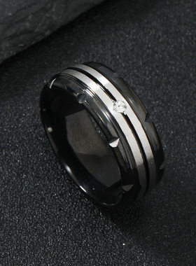 跨境钛钢拼接镶钻情侣戒指