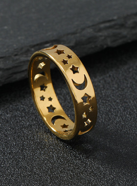 跨境爆款钛钢星星月亮戒指