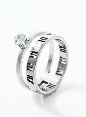 跨境钛钢镂空罗马字镶钻戒指