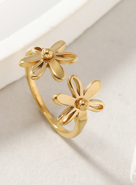 跨境小众钛钢双层花朵戒指