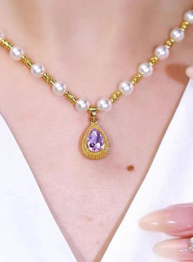 金色榴莲吊坠手工串珠项链女紫色