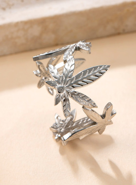 钛钢冷淡风不规则树叶戒指