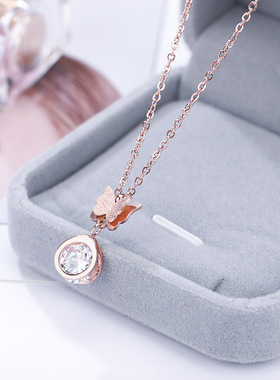 新款钛钢蝴蝶项链女玫瑰金