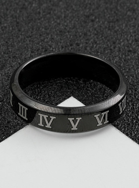 简约黑不锈钢罗马数字钛钢男戒