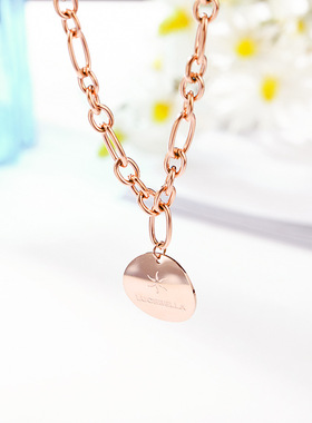 韩版新款流行粗链条圆牌项链女钛