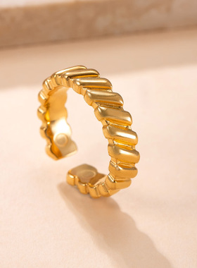 跨境新款不锈钢斜纹开口戒指