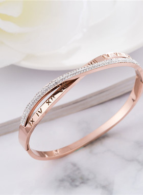 新款钛钢镶满钻玫瑰金扭臂手镯女