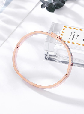 简约半圈白锆石手镯女钛钢玫瑰金