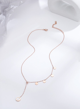 单面贝母罗马圆形流苏钛钢项链女