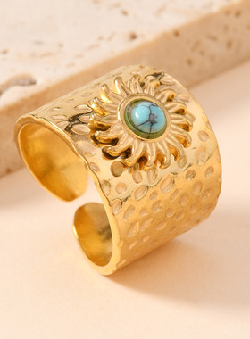 跨境热销天然石太阳花松石戒指