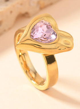 欧美钛钢爱心天然石戒指