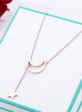 韩版钛钢玫瑰金星星月亮项链