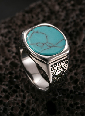 复古蓝松石男士钛钢尾戒