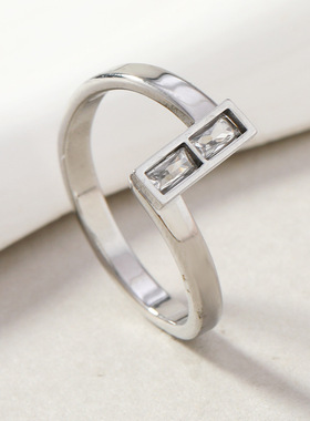 欧美新款不锈钢方形锆石钛钢戒指
