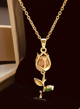 钛钢项链女铜镀金锆石郁金香吊坠