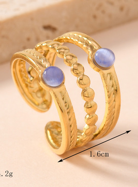 欧美宫廷风三线宝石可调钛钢戒指