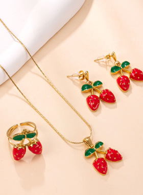 韩版甜美草莓樱桃钛钢首饰套装