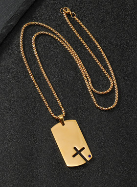 跨境朋克风激光镂空十字架军牌项