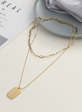 钛钢项链女欧美冷淡风长方形叠戴