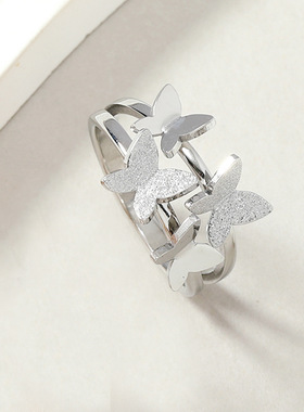 日韩风磨砂蝴蝶钛钢戒指