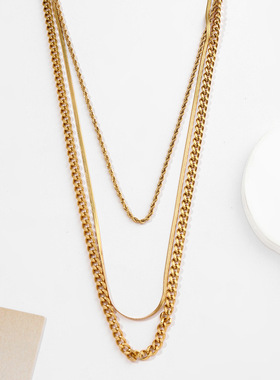 欧美嘻哈真金三层钛钢项链