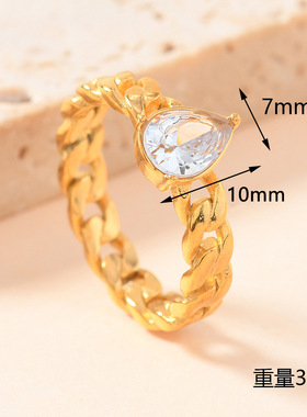 跨境钛钢水滴锆石链条戒指