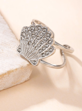 跨境夏季钛钢贝壳镶钻开口戒