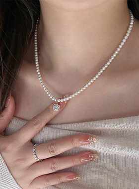 日韩施家珍珠镶钻方糖吊坠项链