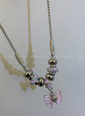 日韩粉色蝴蝶结螺纹串珠项链