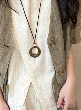 日韩圆环吊坠黑绳长款项链