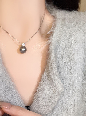 灰色珍珠锆石吊坠项链女秋冬