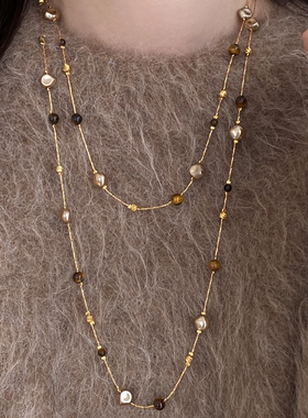 美拉德虎眼石珠珠项链女