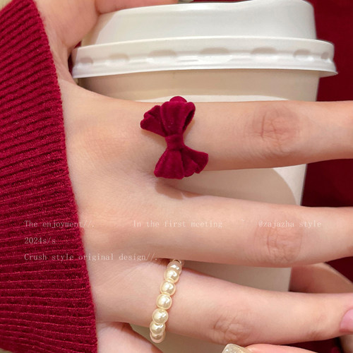 安可拉红色丝绒珠珠戒指女款甜美叠戴食指戒轻奢高级指环小众气质 - 图1