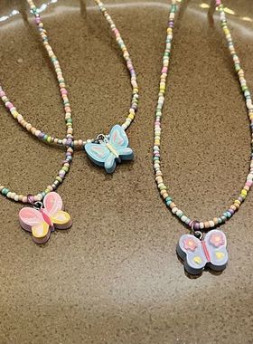 新款蝴蝶项链女辣妹彩绘手工复古串珠锁骨链昭可爱配饰星星配饰品