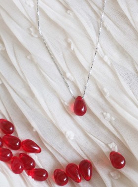 鱼眼泪s925纯银颈链琉璃红色