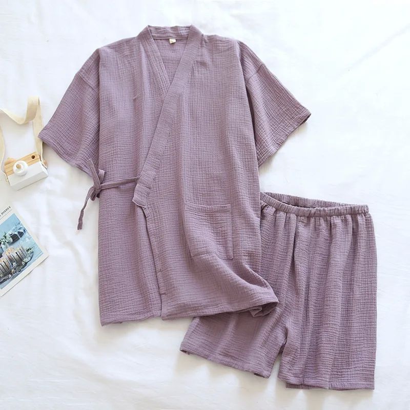 Summer Japanese Couples Pajamas Thin Cotton Gauze Crepe Shor-图0