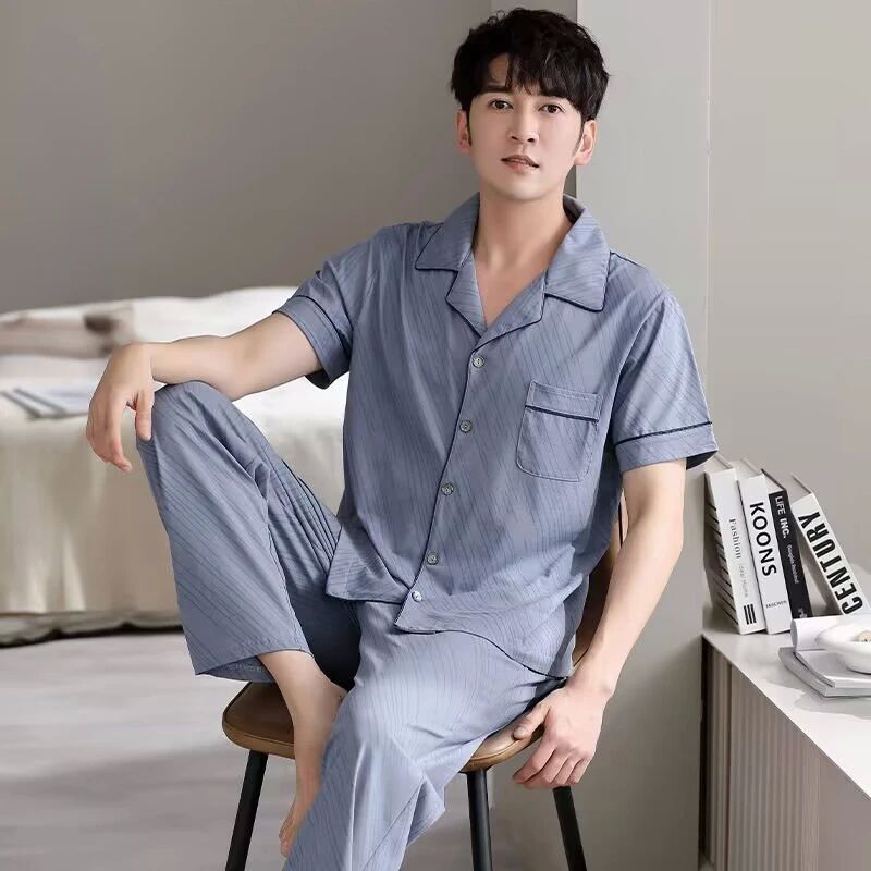 High Quality Pyjamas Men Spring Summer Pure Cotton Breathabl - 图0