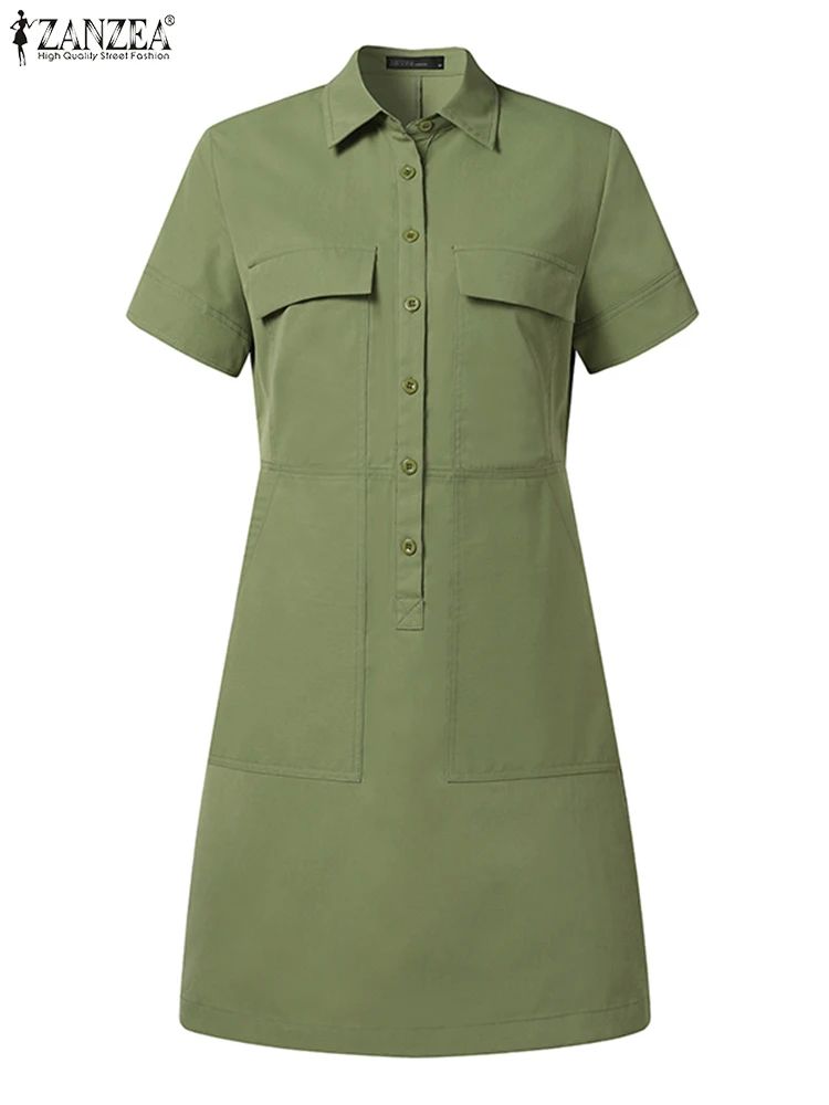Women Summer Cargo Dress Fashion Solid Shirt Vestidos Vintag-图2