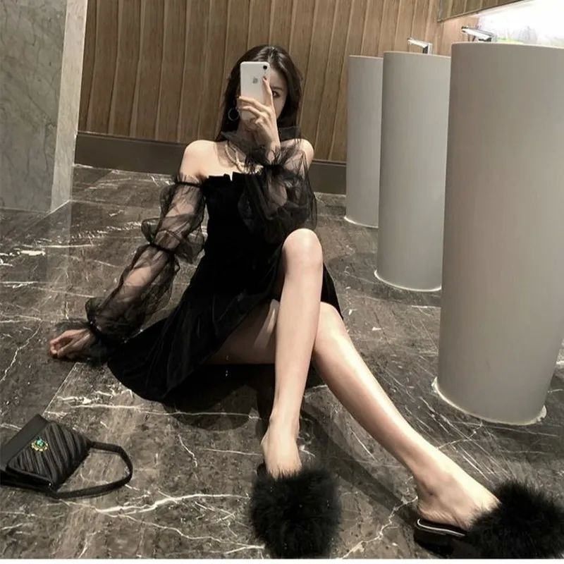 New 2022 Black Retro Dress Women Lace Chiffon Mini Dress Fem - 图1