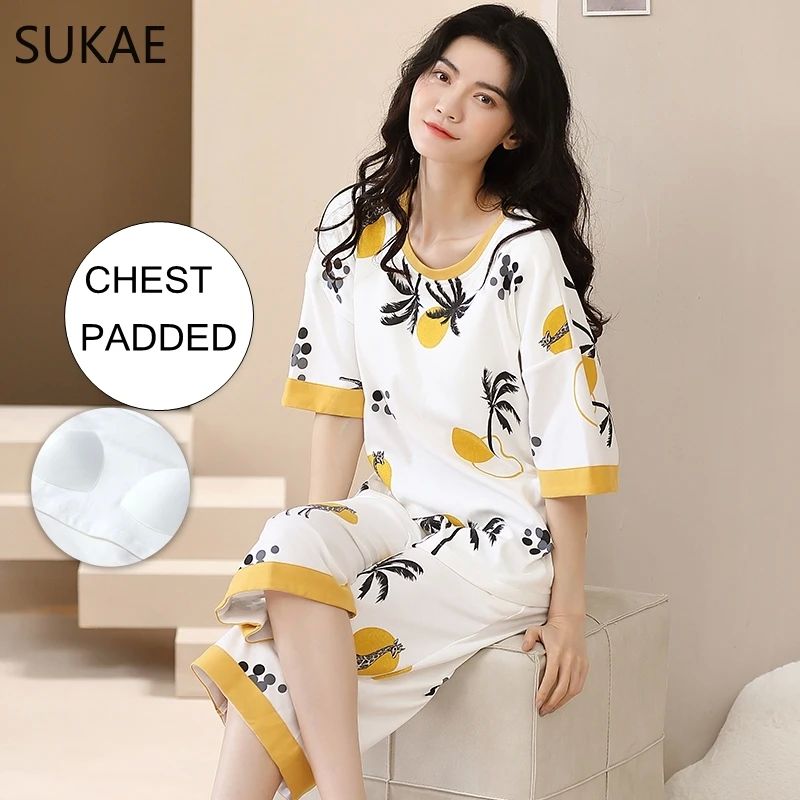 SUKAE Summer Women Chest Padded Sleepwear Casual Capris Paja - 图3