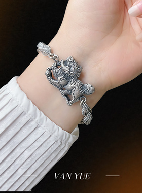 原创设计925手工银925老银银镶绿松石纯银手链男女同款银饰品