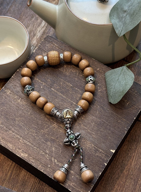 S925银老山檀五条经文珠无相佛莲花座三通手串女新中式设计