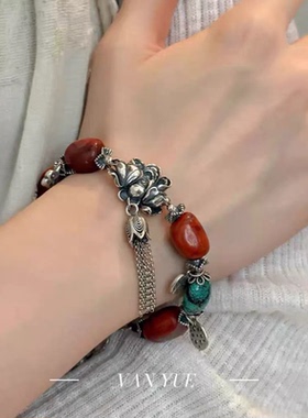 S925银不规则南红松石蝴蝶扣狮子祥云牡丹花手链diy项链