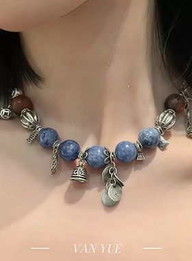 S925银南红包浆醒狮双喜葫芦蓝晶石福字铃铛手链