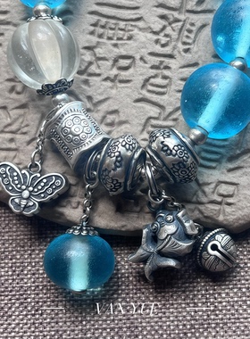 S925银蓝色琉璃冰透杏色琉璃瓜珠蝴蝶金鱼手串