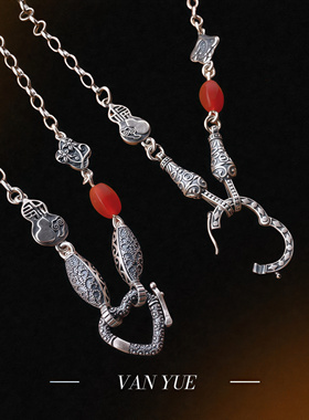 S925纯银毛衣项链 复古挂件葫芦玛瑙配链 万能扣头链子小众设计