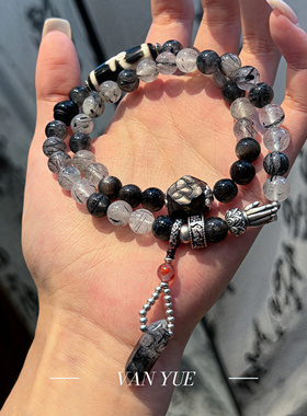 S925银天珠泼墨山水曜石黑发晶黑檀木飘花南红手串