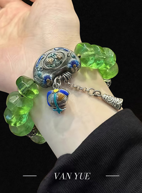 足银蓝色莲花红琉璃雕花绿色琉璃方糖手串百搭小众新中式
