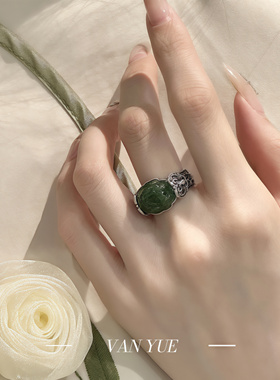 足银和田玉牡丹蝴蝶做旧戒指13-20可调节女款小众复古民族新中式