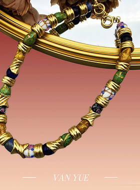 中古项链Vintage古董重工手串天然石琉璃陶瓷拼接项链手链套装